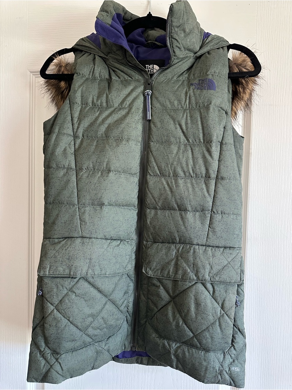 The North Face Olive Green Quilted Hooded Puffer Vest with Faux-Fur Trim
